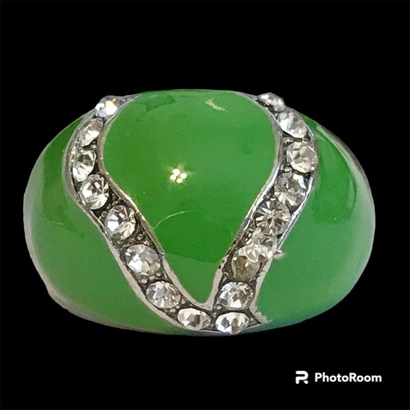 Vintage Green Enamel Cocktail Ring Silver Plated Crystal Rhinestone Size 8 Boho - Picture 3 of 12